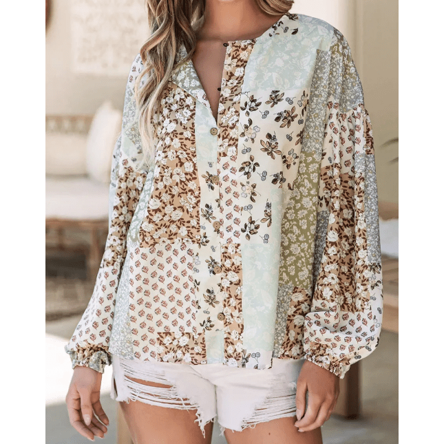 Virginia Floral Patchwork Print Long Puff Sleeve Shirt