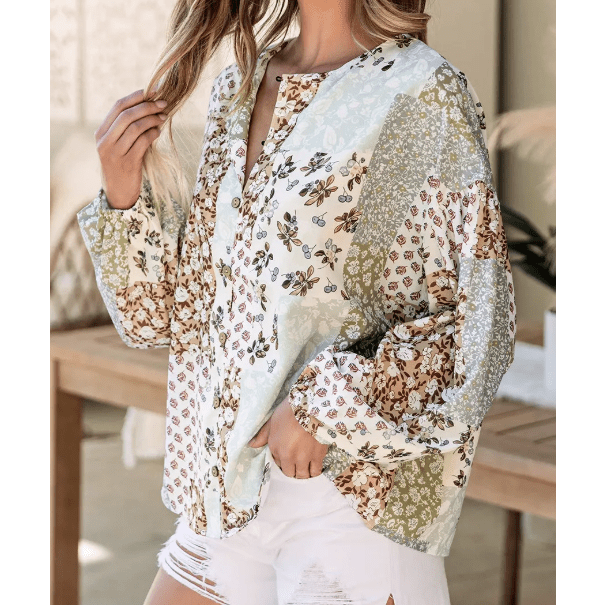 Virginia Floral Patchwork Print Long Puff Sleeve Shirt