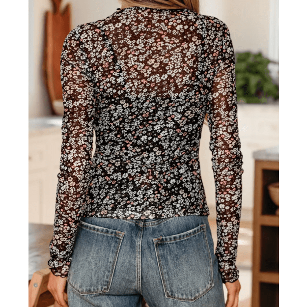 Bretta Black Ditsy Floral Mesh Thumbhole Sleeve Slim Fit Top