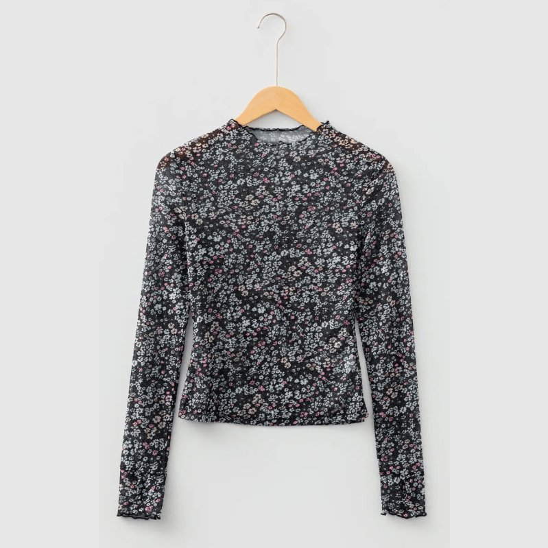 Bretta Black Ditsy Floral Mesh Thumbhole Sleeve Slim Fit Top