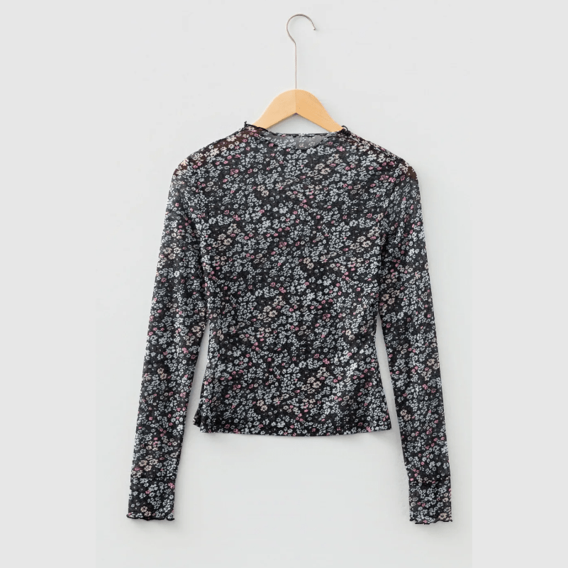 Bretta Black Ditsy Floral Mesh Thumbhole Sleeve Slim Fit Top