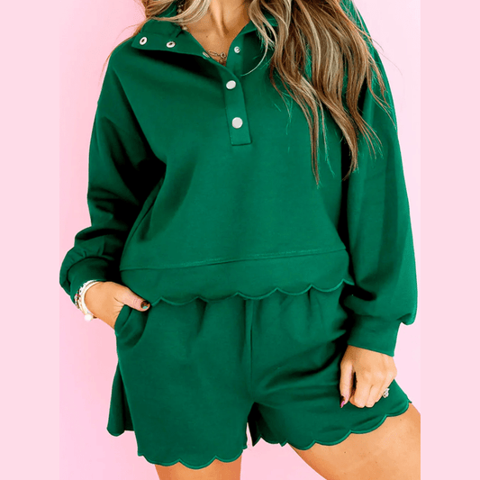 Marita Green Embroidered Scallop Trim Half Button Pullover Casual Shorts Set