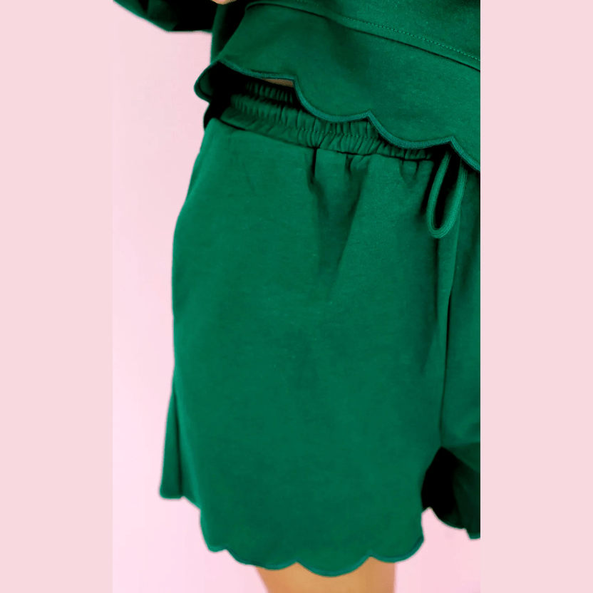 Marita Green Embroidered Scallop Trim Half Button Pullover Casual Shorts Set