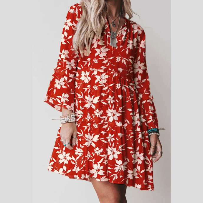 Chrissi Red Boho Floral Print Lettuce Trim 3/4 Sleeve Mini Dress