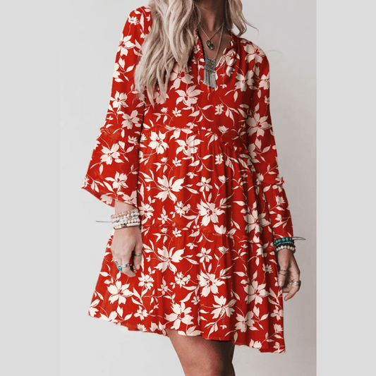Chrissi Red Boho Floral Print Lettuce Trim 3/4 Sleeve Mini Dress