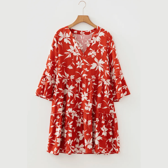 Chrissi Red Boho Floral Print Lettuce Trim 3/4 Sleeve Mini Dress