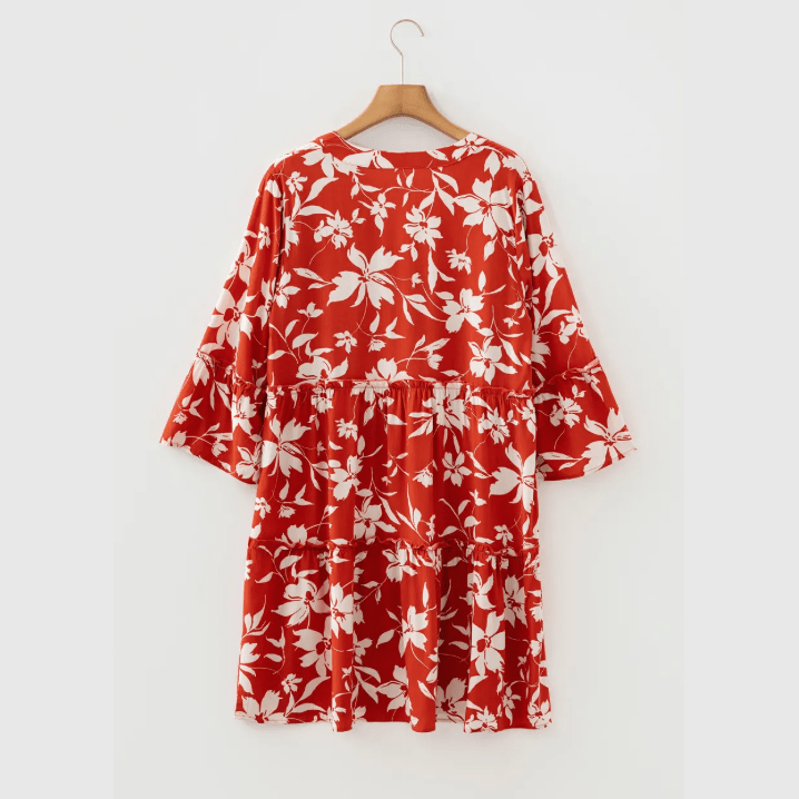 Chrissi Red Boho Floral Print Lettuce Trim 3/4 Sleeve Mini Dress