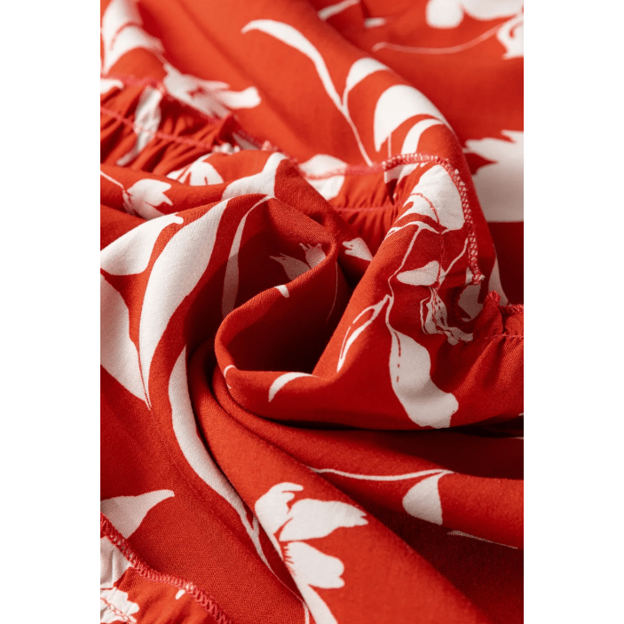 Chrissi Red Boho Floral Print Lettuce Trim 3/4 Sleeve Mini Dress