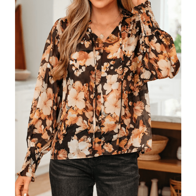 Dafne Black Floral V Neck Long Puff Sleeve Breezy Blouse