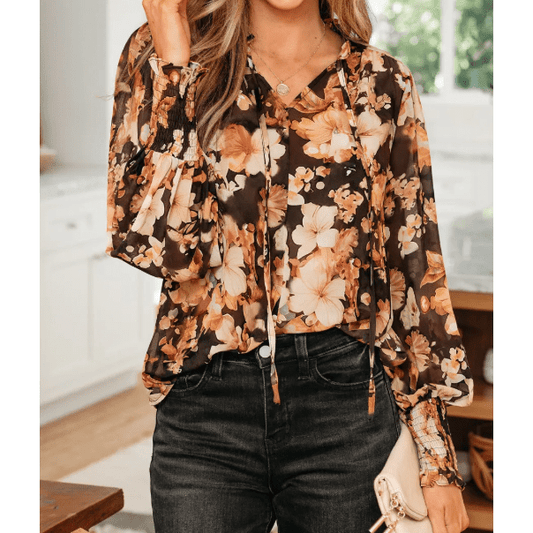 Dafne Black Floral V Neck Long Puff Sleeve Breezy Blouse