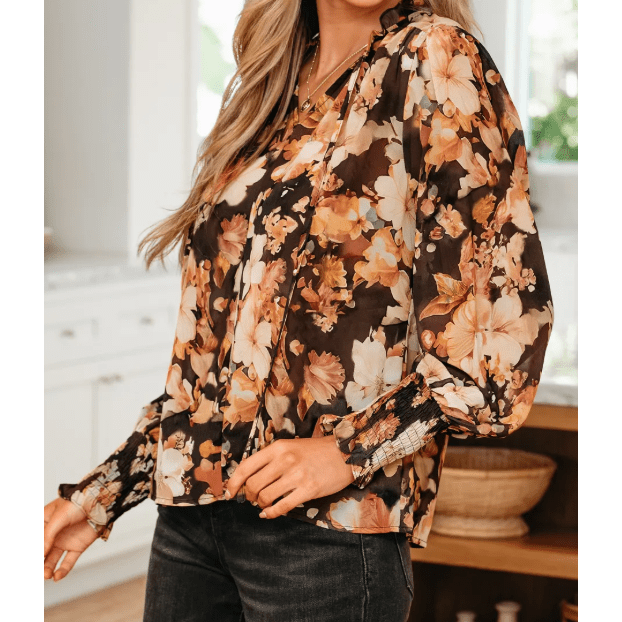 Dafne Black Floral V Neck Long Puff Sleeve Breezy Blouse