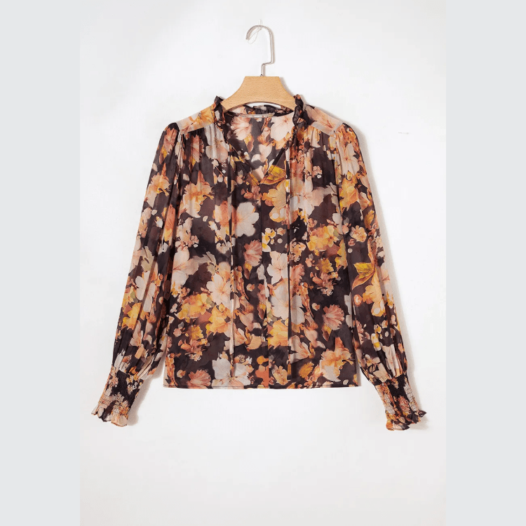 Dafne Black Floral V Neck Long Puff Sleeve Breezy Blouse