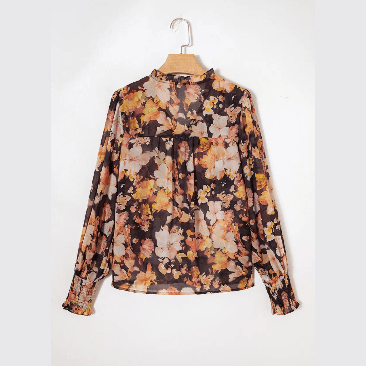 Dafne Black Floral V Neck Long Puff Sleeve Breezy Blouse