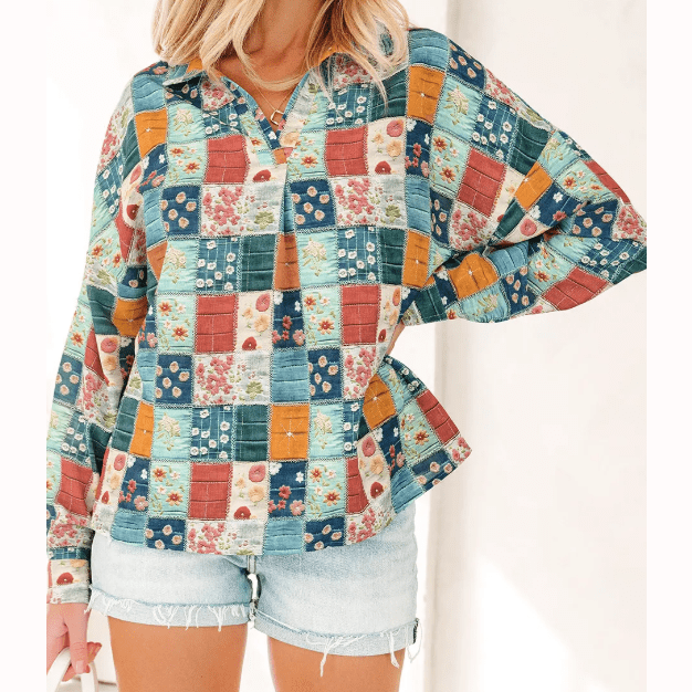 Ellie Mae Floral Print Collared V Neck Roll up Sleeve Shift Blouse