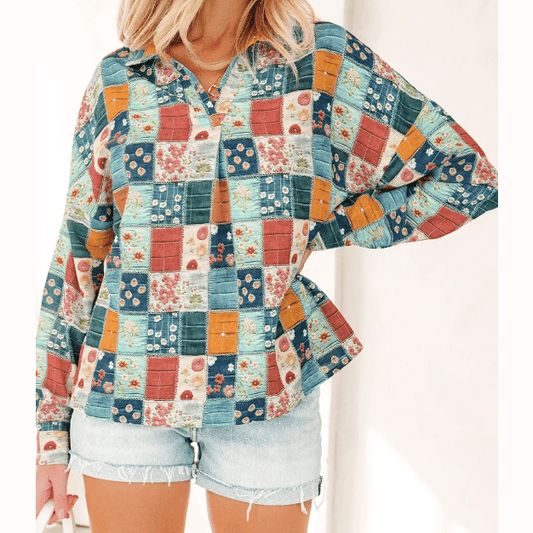 Ellie Mae Floral Print Collared V Neck Roll up Sleeve Shift Blouse