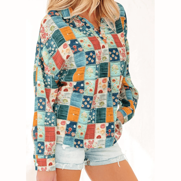 Ellie Mae Floral Print Collared V Neck Roll up Sleeve Shift Blouse