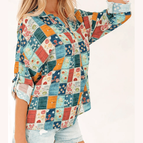 Ellie Mae Floral Print Collared V Neck Roll up Sleeve Shift Blouse