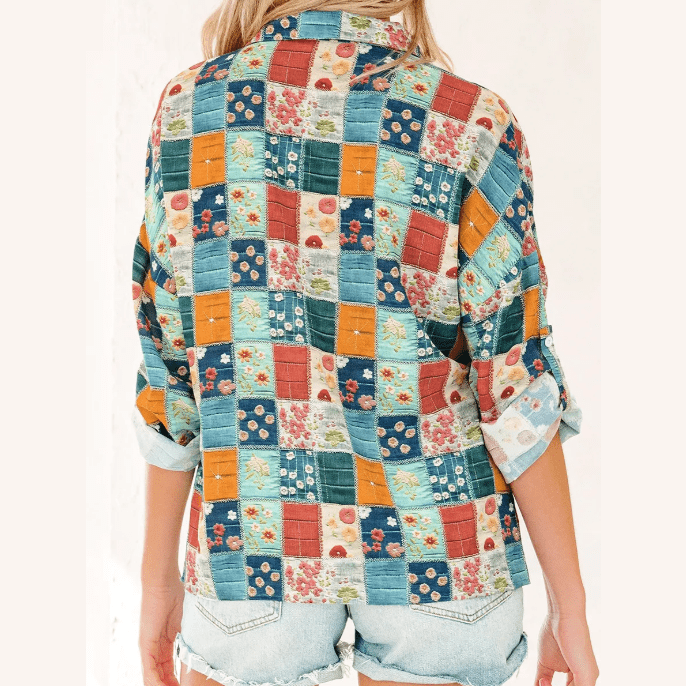 Ellie Mae Floral Print Collared V Neck Roll up Sleeve Shift Blouse