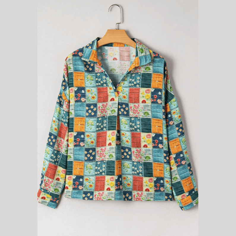 Ellie Mae Floral Print Collared V Neck Roll up Sleeve Shift Blouse