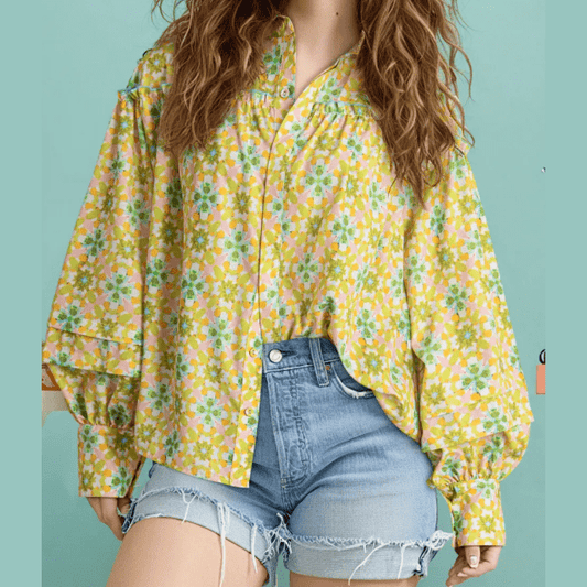 Chantrell Boho Floral Print Frilly Detail Puff Sleeve Shirt