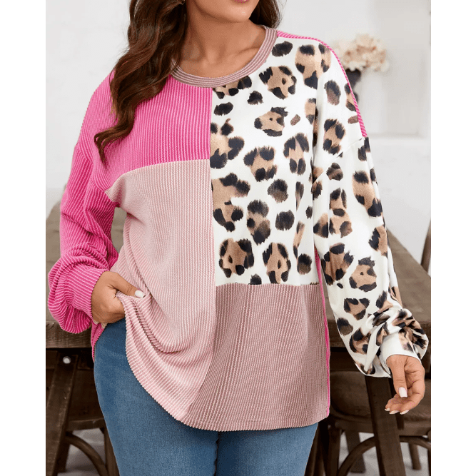 Chyna Plus Size Twisted Ribbed Color Block Leopard Patchwork Long Sleeve Top