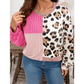 Chyna Plus Size Twisted Ribbed Color Block Leopard Patchwork Long Sleeve Top