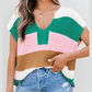 Elena Green Color Block Notch V Neck Sweater T Shirt
