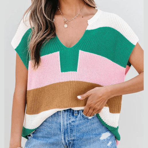 Elena Green Color Block Notch V Neck Sweater T Shirt