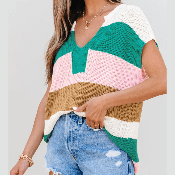 Elena Green Color Block Notch V Neck Sweater T Shirt