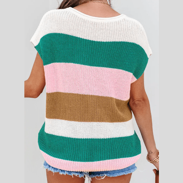 Elena Green Color Block Notch V Neck Sweater T Shirt