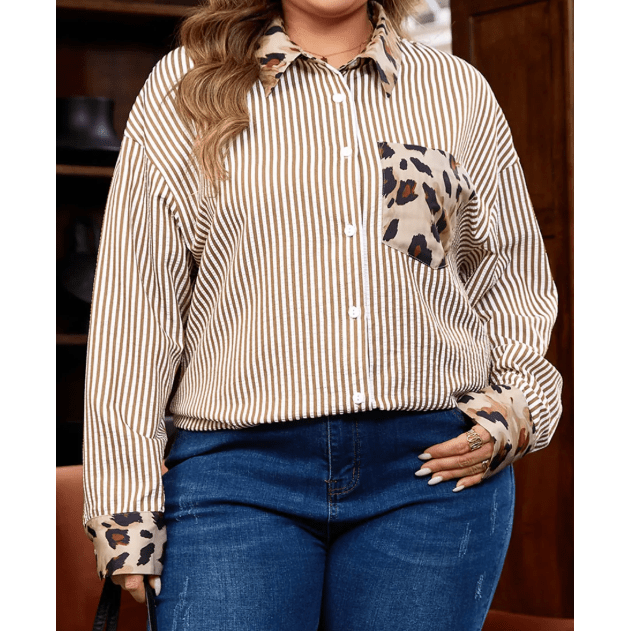 Shecora Brown Stripe Leopard Patched Collared Chest Pocket Cuffed Long Sleeve Plus Size Shirt