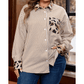 Shecora Brown Stripe Leopard Patched Collared Chest Pocket Cuffed Long Sleeve Plus Size Shirt