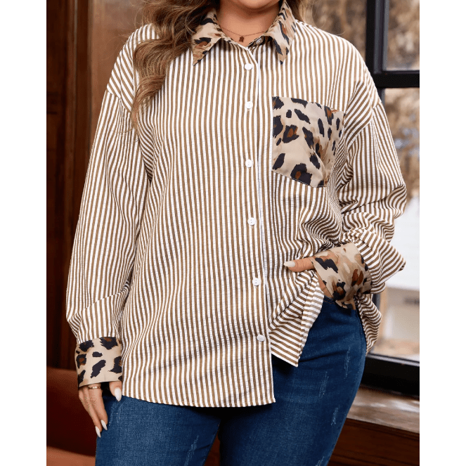Shecora Brown Stripe Leopard Patched Collared Chest Pocket Cuffed Long Sleeve Plus Size Shirt