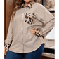 Shecora Brown Stripe Leopard Patched Collared Chest Pocket Cuffed Long Sleeve Plus Size Shirt