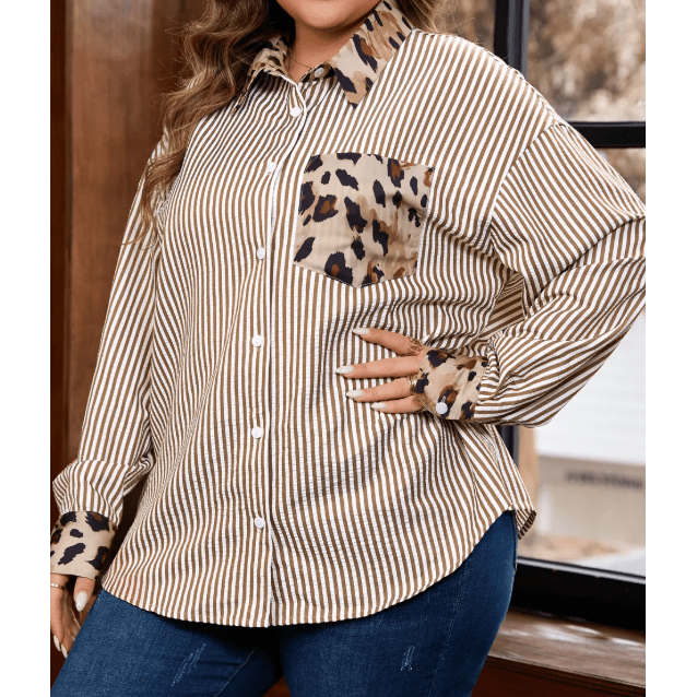 Shecora Brown Stripe Leopard Patched Collared Chest Pocket Cuffed Long Sleeve Plus Size Shirt