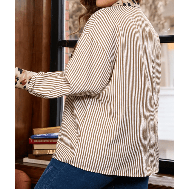 Shecora Brown Stripe Leopard Patched Collared Chest Pocket Cuffed Long Sleeve Plus Size Shirt