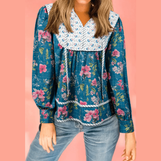 RTS Blue Floral Print Contrast Yoke Patchwork Striped Trim Long Puff Sleeve Blouse
