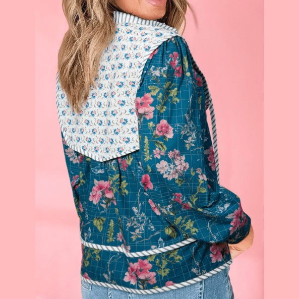 RTS Blue Floral Print Contrast Yoke Patchwork Striped Trim Long Puff Sleeve Blouse