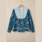 RTS Blue Floral Print Contrast Yoke Patchwork Striped Trim Long Puff Sleeve Blouse
