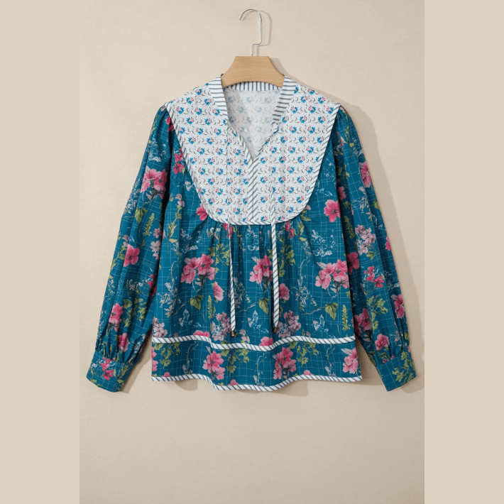 RTS Blue Floral Print Contrast Yoke Patchwork Striped Trim Long Puff Sleeve Blouse