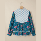 RTS Blue Floral Print Contrast Yoke Patchwork Striped Trim Long Puff Sleeve Blouse
