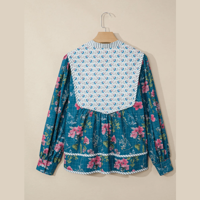 RTS Blue Floral Print Contrast Yoke Patchwork Striped Trim Long Puff Sleeve Blouse