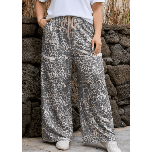 Josephina Khaki Plus Size Leopard Print Raw Edge Patch Pocket Drawstring Loose Pants
