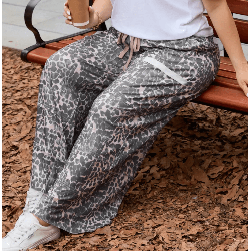 Josephina Khaki Plus Size Leopard Print Raw Edge Patch Pocket Drawstring Loose Pants