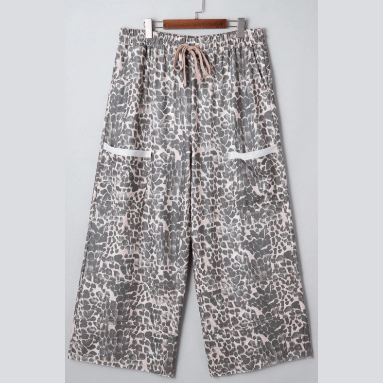 Josephina Khaki Plus Size Leopard Print Raw Edge Patch Pocket Drawstring Loose Pants