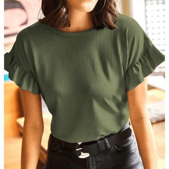 Laurina Jungle Green Ribbed Ruffled Short Sleeve T Shirt