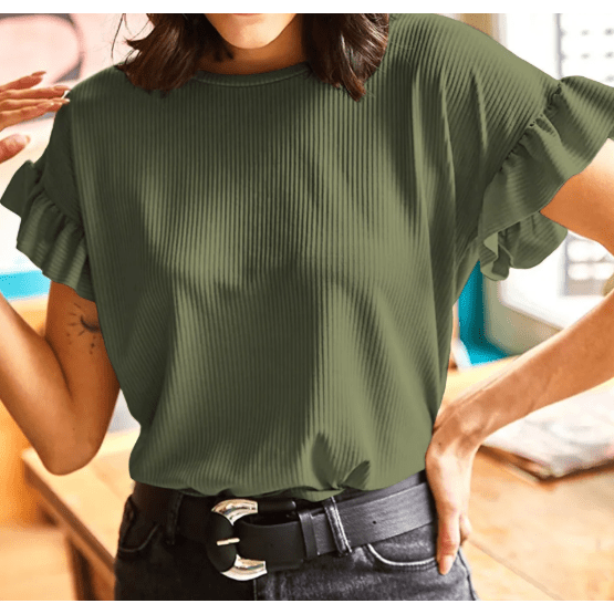 Laurina Jungle Green Ribbed Ruffled Short Sleeve T Shirt