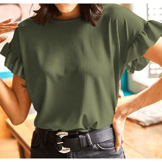 Laurina Jungle Green Ribbed Ruffled Short Sleeve T Shirt