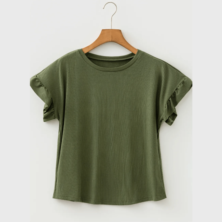 Laurina Jungle Green Ribbed Ruffled Short Sleeve T Shirt