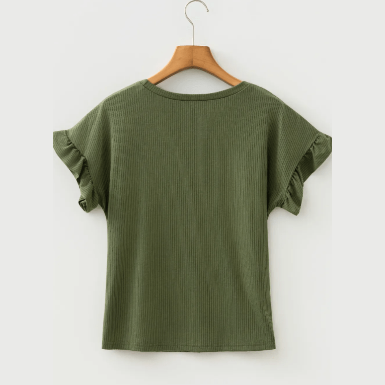Laurina Jungle Green Ribbed Ruffled Short Sleeve T Shirt